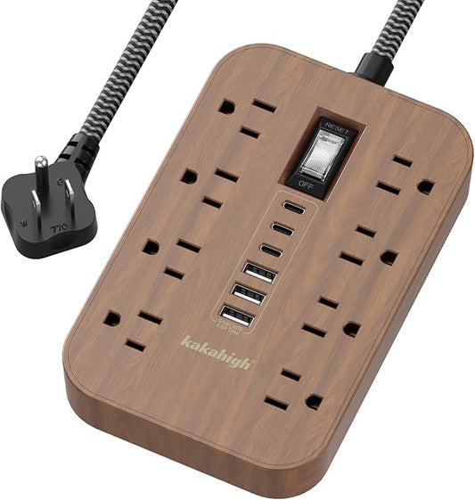 Walnut Extension Cord with Multi Ports - 5 FT Flat Braided Power Strip, 1625W Tan Extension Cord with 6 AC Outlet 3 USB, Compact for Brown Tan Wood Walnut Grain Distinctive Vintage Desk Accessories