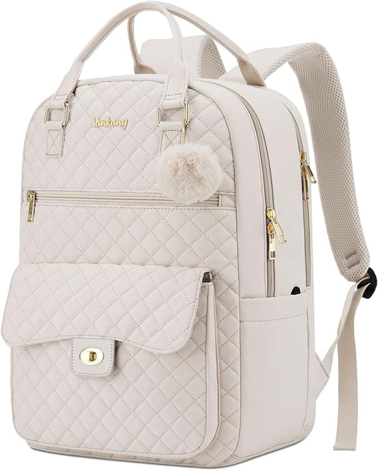 Teen Girls Backpack Aesthetic Bookbag for School, Women Laptop Bag with Charging Hole for Work Travel Middle High School Big Student, Beige