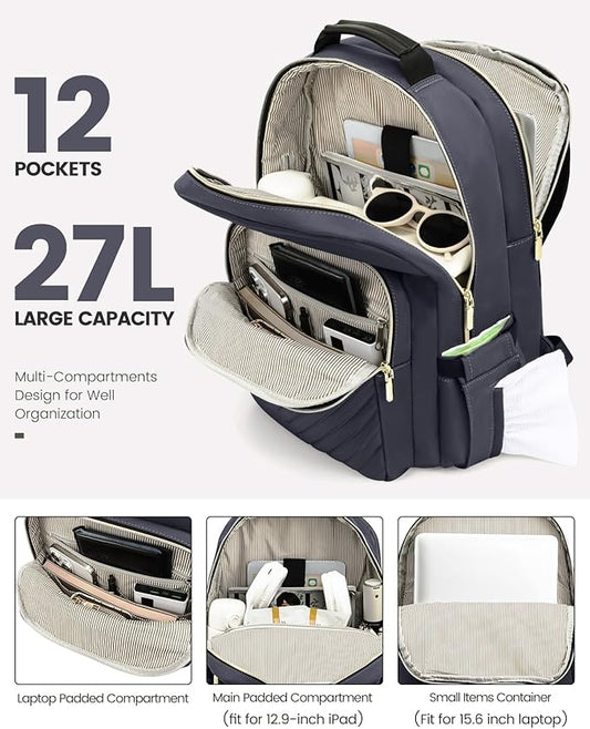 LOVEVOOK Laptop Backpack Purse for Women, Work Travel Computer Bags, College School Backpack for Student Girl, Quilted Casual Daypack with USB Port, Fit 15.6 Inch Laptop, Dark Grey