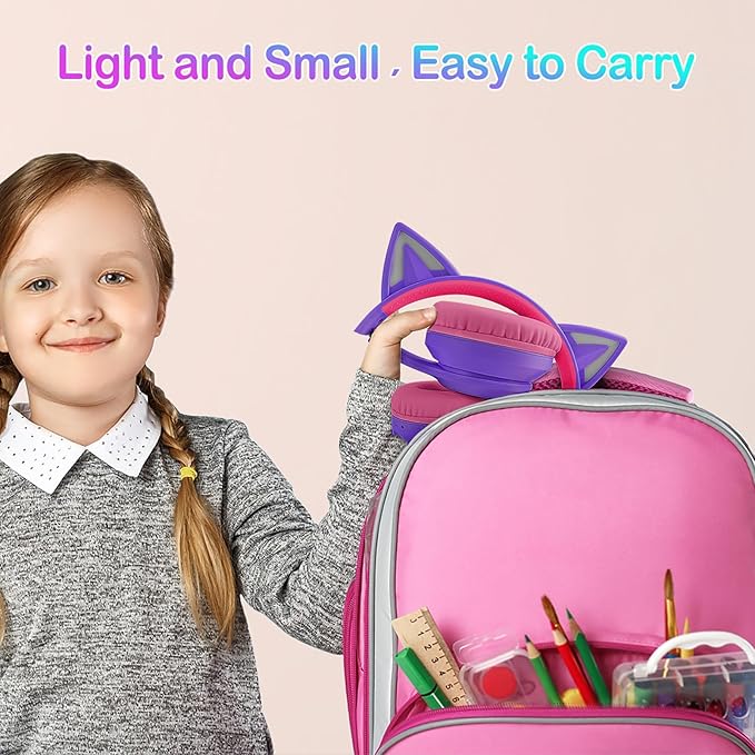 LOBKIN Bluetooth 5.4 Kids Headphones with Case - RGB LED Light Up Cat Ears Foldable Adjustable Over Ear Headphone Support Wireless or 3.5mm Wired Mode for Toddler & Girls & Boys Teens