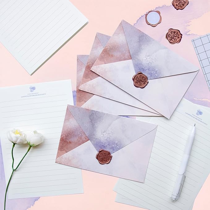 Tuhangcc Stationary Paper Set Minimalism - Hand Blended Colors, 12 Envelopes (4x6 in) & 24 Lined Paper for Wedding Love Letters, Invitations, Anniversaries (Cherry Blossom Mist)