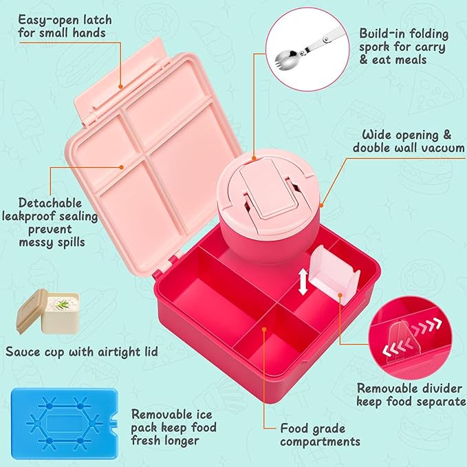 MAXSO Bento Lunch Box Set with 8 oz Soup Thermo, Kids Leakproof 4 Compartments Hot Food Container with Sauce Cup, Ice Pack and Lunch Bag, Child Insulated Food Jar for School - Pink