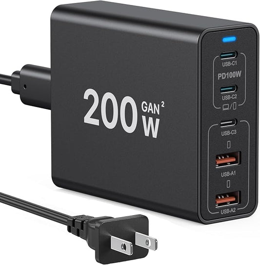 USB C Charger, 200W 5-Port USB Charging Station Hub Fast GaN Charger Power Adapter, Compatible with MacBook Pro/Air, Google Pixelbook, ThinkPad, iPhone 15/14/13/12 Series, Samsung Galaxy S23/S22