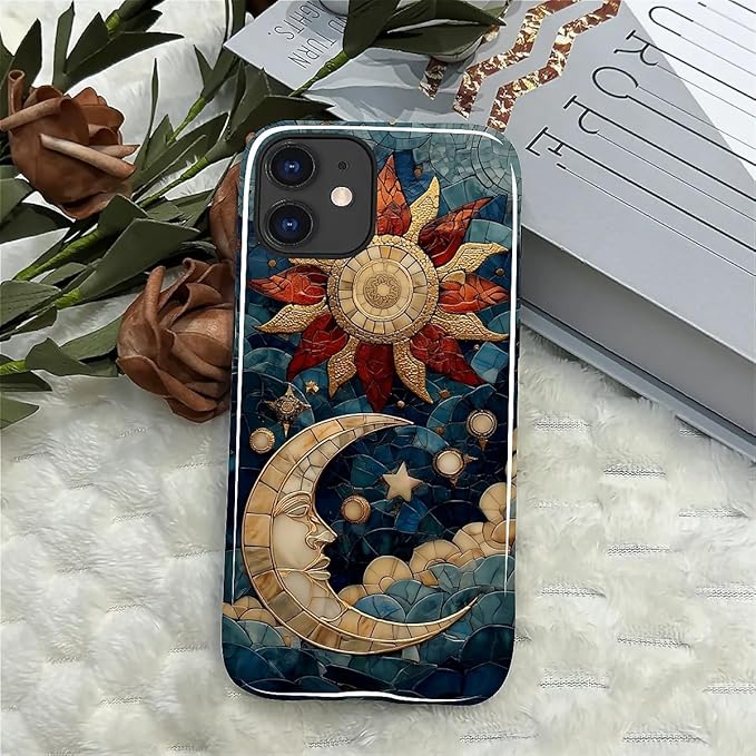 Case for iPhone 11 Case,Sun Moon Stars Faux Stained Glass Design - Hybrid Dual Protection Silicone + Hard PC Shockproof Full Body Cover Slim Anti-Scratch Protective Case for Men Women