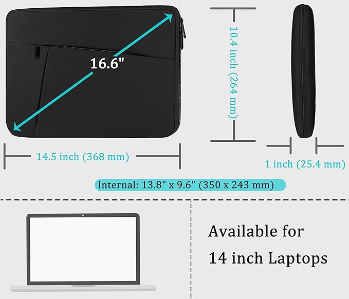 Laptop Sleeve case 14 inch, Protective Soft Padded Computer Carrying Bag Durable Laptop Cover Compatible with 14" MacBook HP Lenovo Dell ASUS Acer Chromebook Notebook Bag, Black