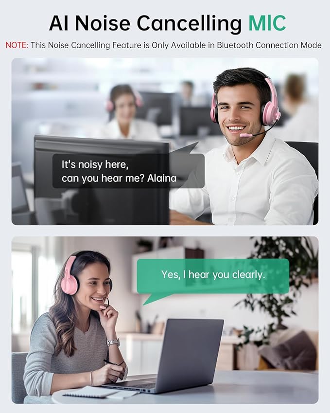 Wireless Headset with Mic for Work with AI Noise Cancelling Mic for Clear Calls, Bluetooth V5.3 Headphones with Microphone to USB A/C Dongle & Mic Mute for Computer Laptop PC iPhone (Pink Black)