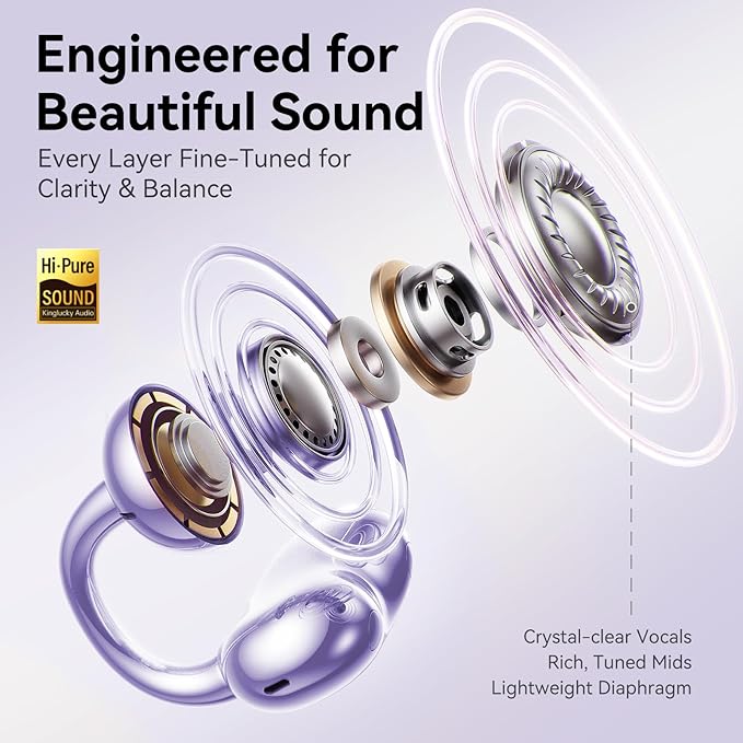 Kinglucky ClipFree Open-Ear Headphones, Butterfly-Inspired Ear-Cuff Design, Stylish & Comfortable Clip-On Ear Buds, Wireless Earbuds for Women, Long Battery Life, Great for Gifting - Purple