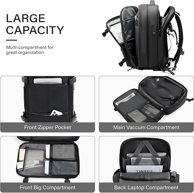 Travel Backpack with Vacuum System,60L Expandable Vacuum Backpack Travel with TSA Lock,17.3 inch Laptop Backpacks Vacpack Backpacks with Vacuum(Black,External Air Pump)