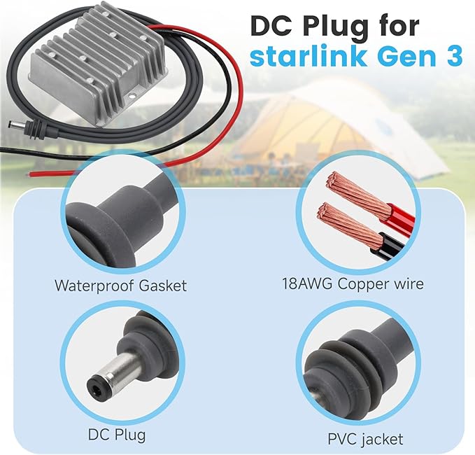 Starlink Gen 3 Power Cord 12v to 57v Step up Converter, 4.5A DC Boost Converter with DC Male Plug Cable for Starlink Gen 3 Router,RV, Marine, Truck, Off-Grid Use - No Voltage Drop