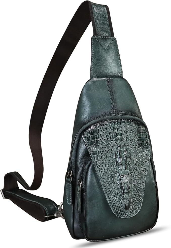 Genuine Leather Sling Bag Embossed Crocodile Pattern Leather Crossbody Sling Backpack Handmade Chest Purse Daypack (Darkgrey)