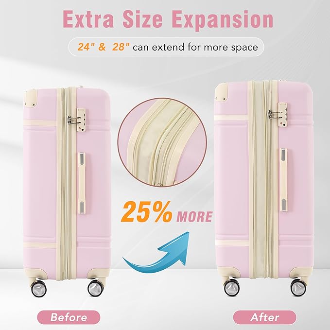 Merax Luggage Set 3 Piece Suitcase Set with Cosmetic Case Expandable Spinner Wheels Vintage Luggage Sets(Light Pink,20"+24"+28")