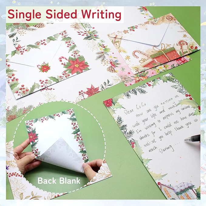 160 Pcs Stationery Paper Set Including 50 Matching Envelopes 50 One Sided Stationery Writing Papers 60 Round Dot Sticker for School Office Supplies,10 Design, 5.5 x 8.25 Inch(Christmas)