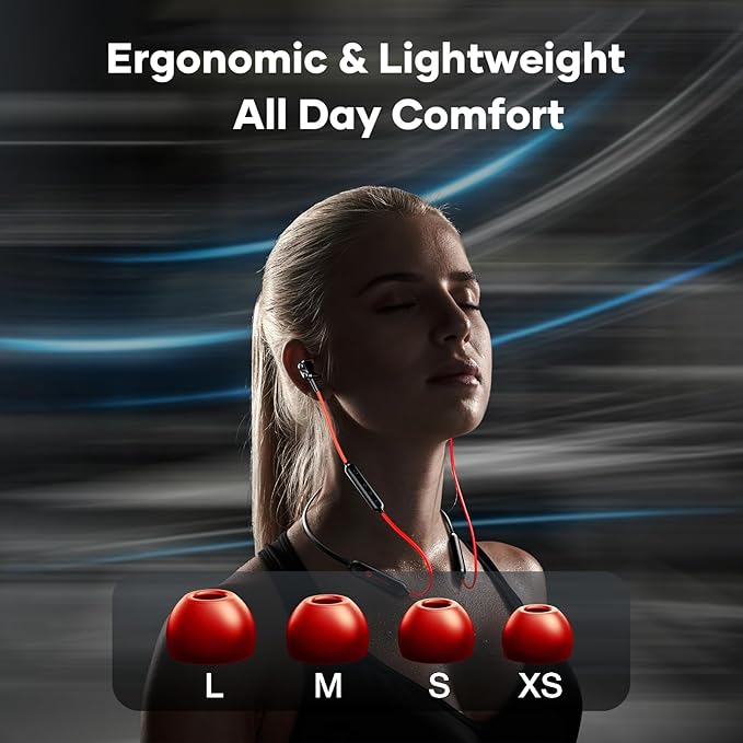 LINKLIKE Neckband Bluetooth Earbuds Wireless, Sports Earphones with 100H Playtime, HD Sound with 4 Drivers, Earbuds Around Neck Secure Fit IPX7 Waterproof for Running,Gym,Workout-Red