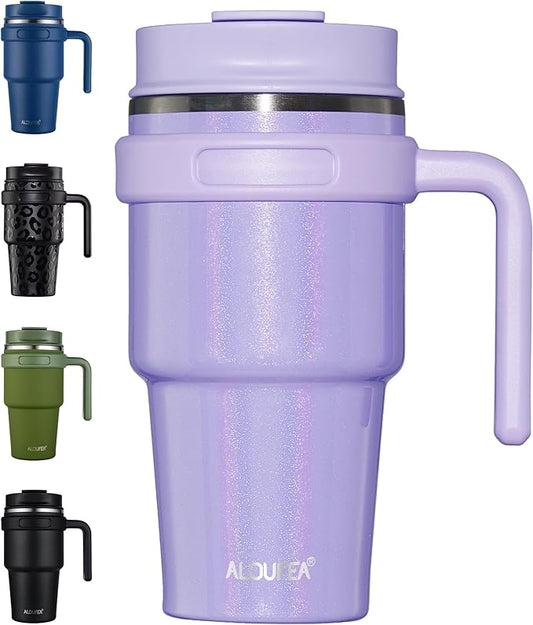 ALOUFEA 20 oz Insulated Coffee Mug Tumbler with Handle, Stainless Steel Travel Mug Tumbler with Lid and Straw,Double Wall Vacuum Leak Proof Ice Coffee Thermal Cup, Lavender Glitter