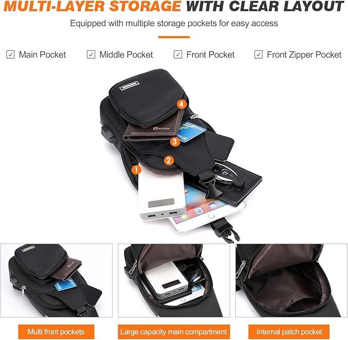 Peicees Mens Leather Crossbody Bag Trendy Sling Bag Man Purse Waterproof Sling Backpack Daypack Cross Body Chest Bag for Men