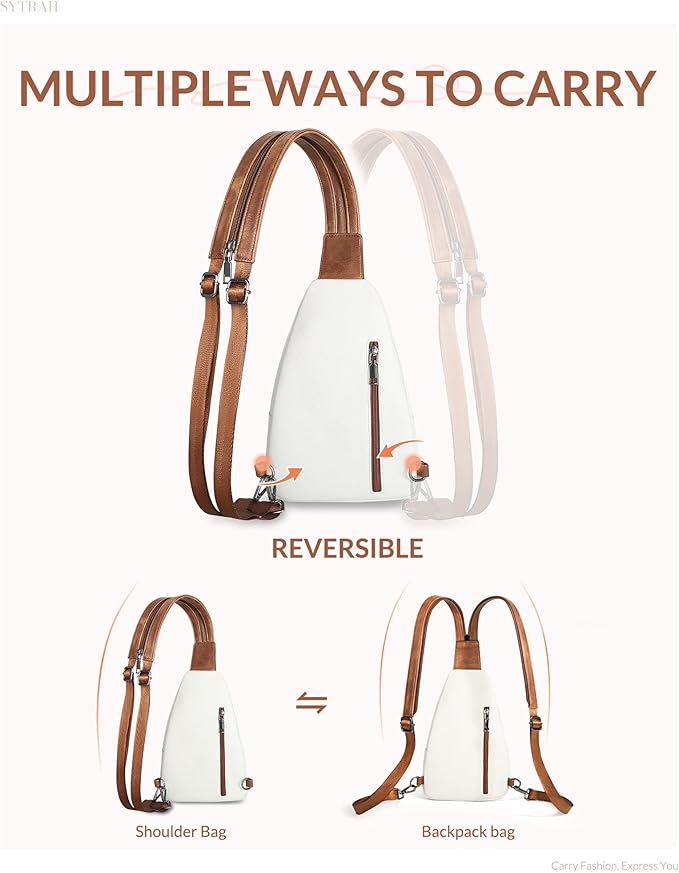 Sling Bag for Women, Crossbody Bags for Women Trendy Crossbody purse Vegan Leather Sling Backpack Chest Bag with Dual purpose Strap, Beige Brown