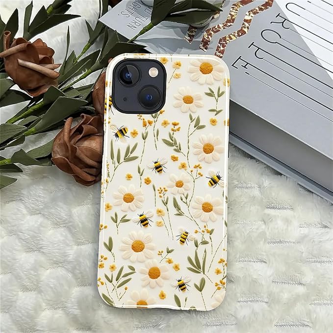 Case for iPhone 15 Case,Bees Sunflowers Design - Hybrid Dual Protection Silicone + Hard PC Shockproof Full Body Cover Slim Anti-Scratch Protective Case for Men Women