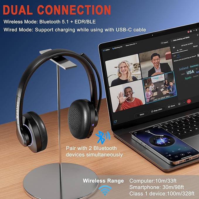 Bluetooth Headset with CVC8.0 Dual Mic Noise Cancelling, Bluetooth Headphone Class 1 V5.1 Wired/Wireless Headset for Cell Phone PC Teams Zoom Home Office, 30H+ Talk Time, Comfort Fit