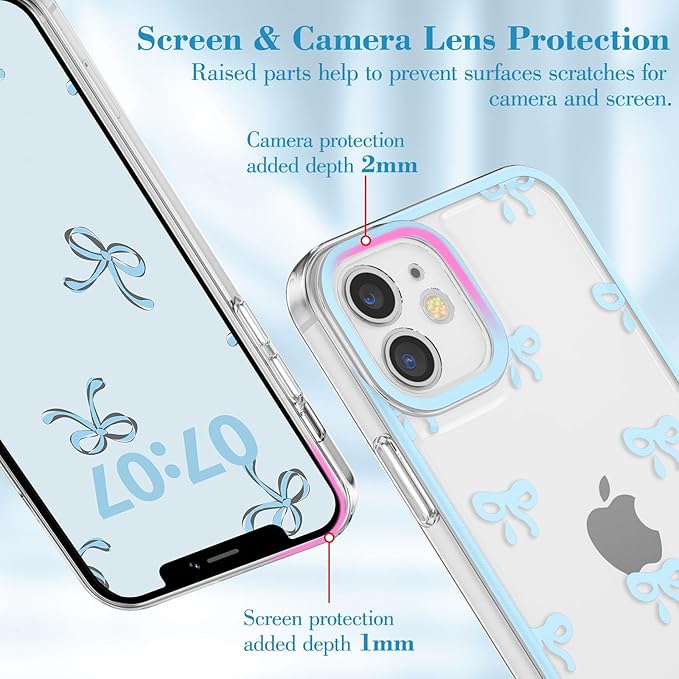 EYZUTAK Case for iPhone 12, Clear Cute Ribbon Bowknot Pattern Aesthetic Transparent Phone Case Raised Camera Protection Stylish Slim Soft Durable TPU Protective Cover for Women Girls - Blue