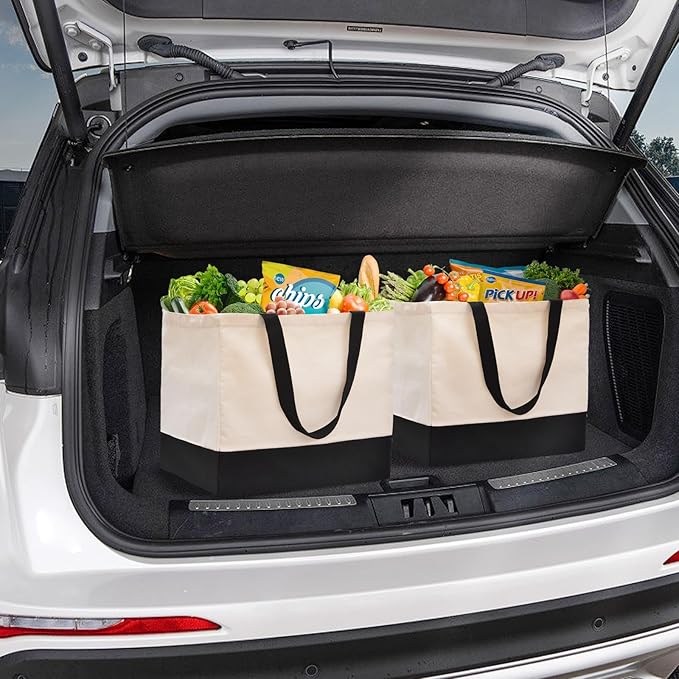 Heavy Duty Canvas Reusable Grocery Bags - 8.3 Gal Foldable Large Tote with Handles, Holds 60 lbs & Washable Eco-friendly Bags with 5 Pockets, Off White Black