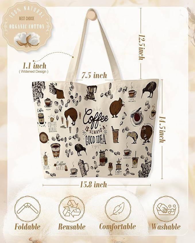 Large Tote Bag for Women - Canvas Tote Bag with Zipper Aesthetic Reusable Shoulder Bag for Gym, Travel, Work