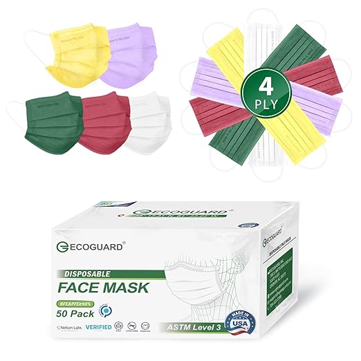 Disposable Face Masks Made in USA, 4 Ply for Families, Students, Breathable All-Day Wear & Safety, FSA HSA Eligible, ASTM Level 3 Medical Grade, 50 Pack, Crimson White Glow