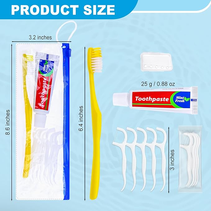 10 pcs Disposable Toothbrushes with Toothpaste and Floss Set,Yellow Individually Wrapped Bulk Single Use Toothbrush Floss Cover Travel Toothbrushes Kit with Zip Bag for Homeless,Hotel,Guest