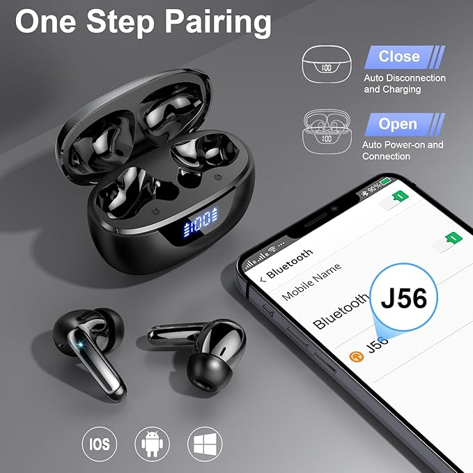 Wireless Earbuds Bluetooth 5.3 Headphones 48H Stereo Earphones in Ear with 4 ENC Mic Clear Calls, Noise Cancelling Ear Buds with LED Display Charging Case, IP7 Waterproof Sport Headset for Android iOS