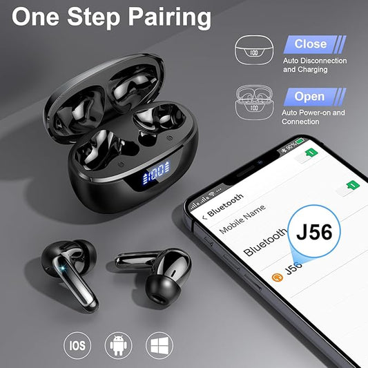 Wireless Earbuds Bluetooth 5.3 Headphones 48H Stereo Earphones in Ear with 4 ENC Mic Clear Calls, Noise Cancelling Ear Buds with LED Display Charging Case, IP7 Waterproof Sport Headset for Android iOS