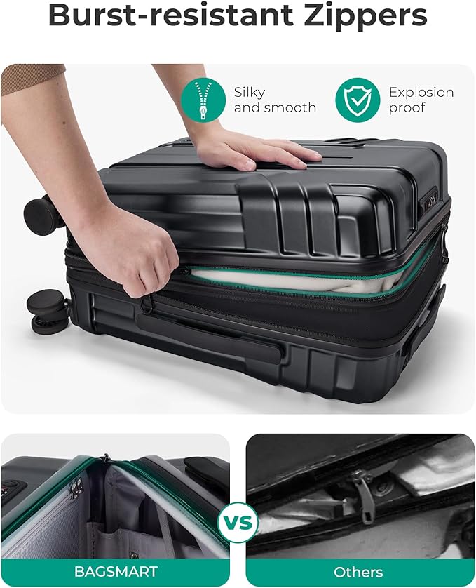BAGSMART Expandable Carry On Luggage 22x14x9 Airline Approved, 1OO% PC Lightweight Hard Shell Suitcase, 20 Inch Travel Luggage with Spinner Wheels, Waterproof Rolling Suitcase, Black