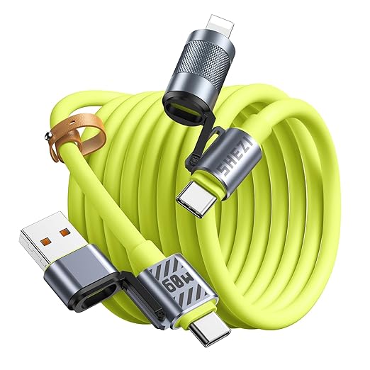 Silicone Green Cable 4-in-1 USB C Cable 60W Compatible with Lightning Cable Fast Charging & Data Transfer, Support to CarPlay & Android Auto, 5FT Multi Cord Combo Charger for iPhone/iPad