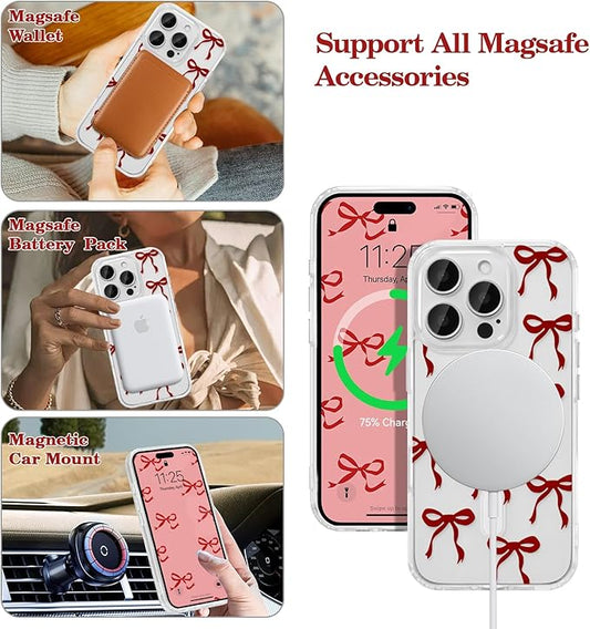 UEEBAI Magnetic for iPhone 16 Pro Max Case, Burgundy Bow Case Compatible with MagSafe, Wireless Slim Clear Ribbon Phone Cover Anti-Yellowing Shockproof Protective Cover for Women Girl - Burgundy