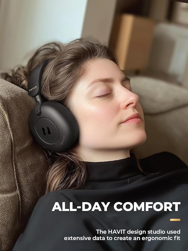 havit H655BT Hybrid Active Noise Cancelling Headphones for Airplane Travel, Wireless Over Ear Bluetooth Headphones, 76H Playtime, Hi-Res Audio, Super Bass via App, 5 Mic for Noise Cancelling