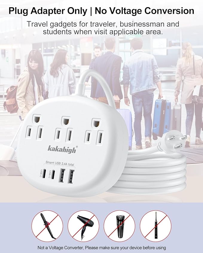 Thailand Power Adapter, Thailand Plug Adapter with 3 American Outlets 4 USB Ports (2 USB-C) Total 24W, Type O Plug Adapter for USA to Thailand, 4FT