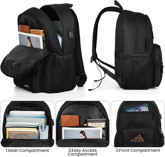 Black Backpack for Men and Women, Backpack for School Teens Boys and Girls, Lightweight Casual High School Bookbag, Daily-use Travel Laptop Backpack with USB Charging Port Fits 17.3 Inch Notebook