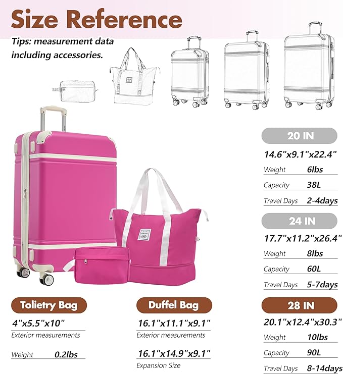 Merax Suitcase Set 28 inches Expandable Luggage with TSA Lock Spinner Wheels Hardshell Lightweight Vintage Luggage with Travel Bag,Pink