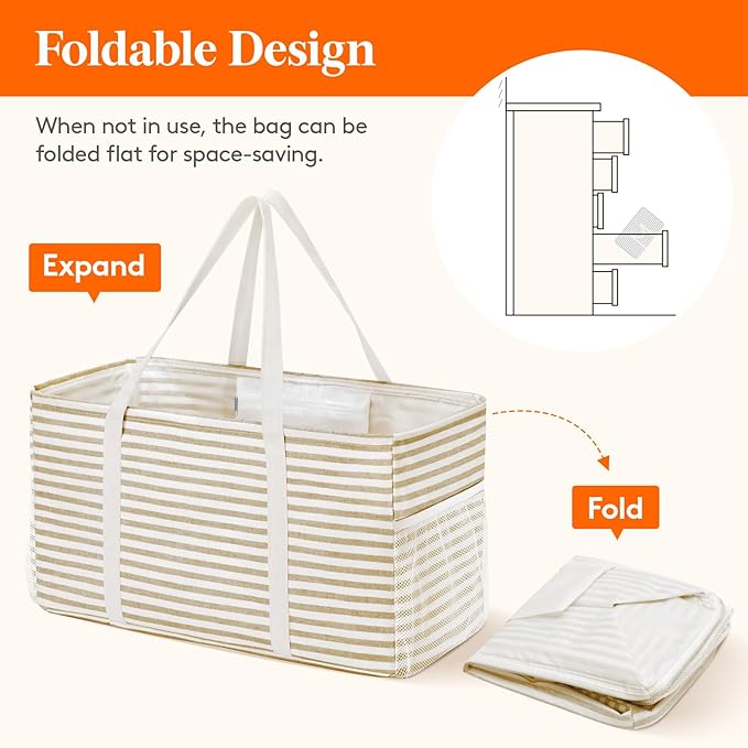 Lifewit Extra Large Tote Bag, Reusable Grocery Bags with Metal Wire Frame and Handles, Standing Utility Foldable Shopping Bags for Storage, Picnics, Beach, Pool, Laundry, Car, Camping, 1 Pack, Beige