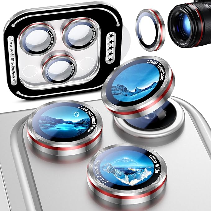 Uyiton for iPhone 17 Pro Max/17 Pro/16 Pro Max/16 Pro/15 Pro Max/15 Pro/14 Pro Max/14 Pro Camera Lens Protector - Military-Grade Tempered Glass Metal Camera Cover, Easy to Install, Silver+Red