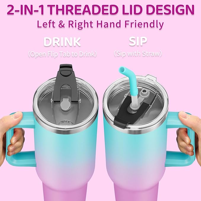 40 oz Tumbler with Handle and Straw 100% Leak-proof Coffee Tumbler Stainless Steel Insulated Travel Coffee Mug with Non Pop-off Lid, Birthday Gifts for Women Men, Water Bottle Fits in Cup Holder