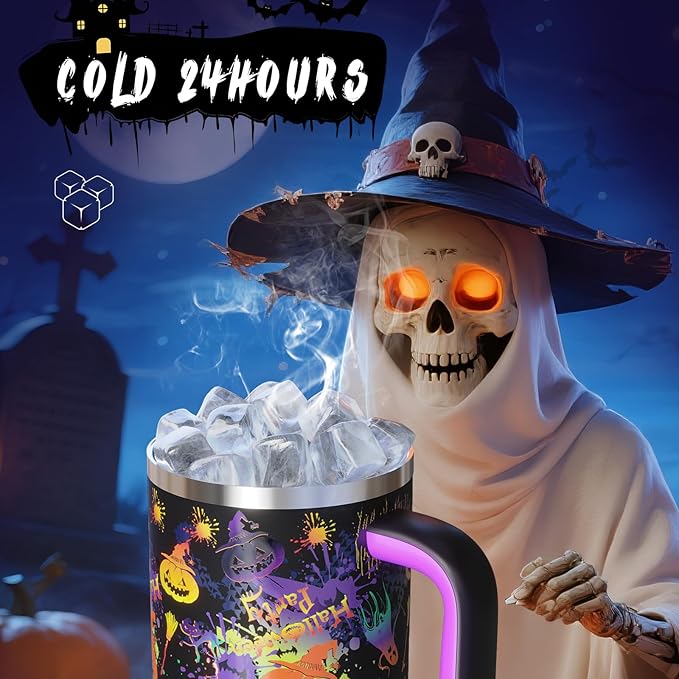 40oz Halloween Tumbler with Handle and Straw, Stainless Steel Insulated Water Bottle with Straw, Leak-Proof, Cup Holder Friendly, Keeps Cold 24 H, Gifts for Women Men, Ghost Party