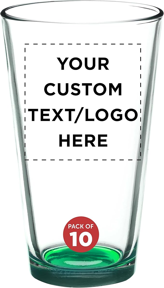 Custom Arc Pint Glass 16 oz. Set of 10, Personalized Bulk Pack - Beer Glasses, Heavy Duty Drinkware - Green