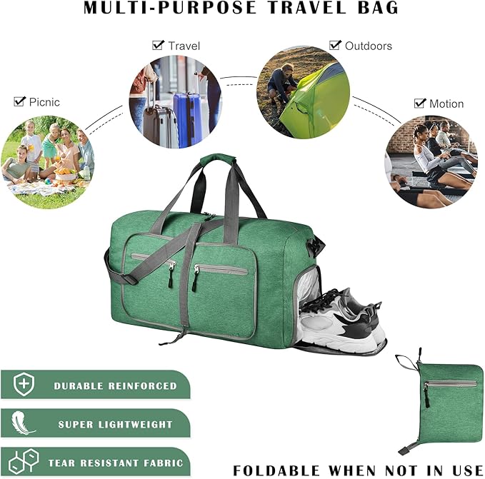 Dimayar 115L Travel Duffle Bag for Men Women - Foldable Duffel Bag with Shoes Compartment - Overnight Bags Waterproof & Tear Resistant(Forest Green)