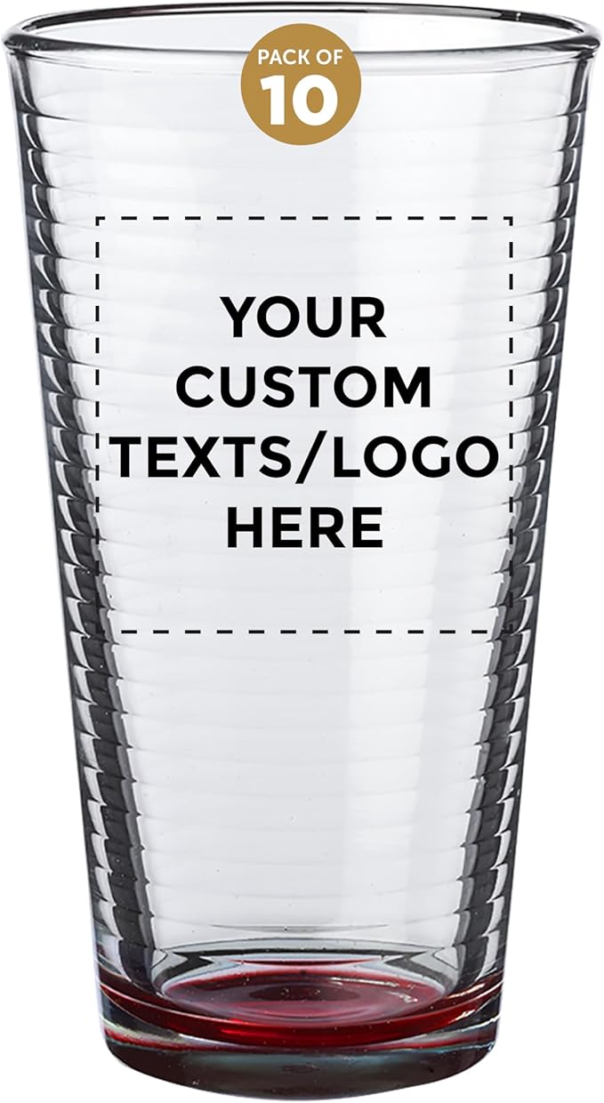 Custom Spiral Pint Glass 16 oz. Set of 10, Personalized Bulk Pack - Beer Glasses, Heavy Duty Drinkware - Red