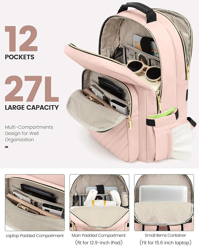LOVEVOOK Laptop Backpack Purse for Women, Large Capacity Travel Business Computer Work Bag, Quilted Casual Nurse Backpack for Womens, Fit 15.6 Inch Laptop with USB Port, Nude