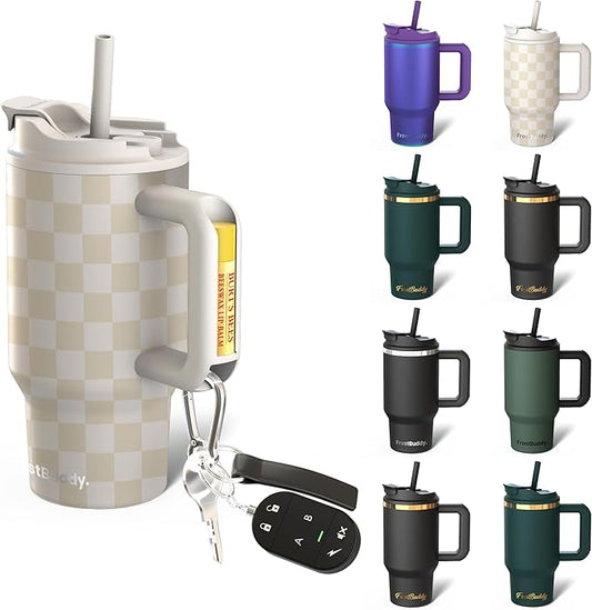 Frost Buddy Thicc Buddy - 16 oz Stainless Steel Vacuum Insulated Tumbler with Lid and Straw for Water - Travel Mug Cupholder Friendly - Gifts for Women Men Him Her (Beige Checkered)