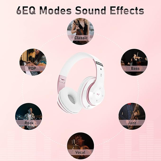 Bluetooth Headphones Over Ear, 6S Foldable Wireless Headphones with 6 EQ Modes, 40 Hours Playtime HiFi Stereo Headset with Mic, Soft Ear Pads, TF/FM for Cellphone/PC/Home (White & Rose Gold)