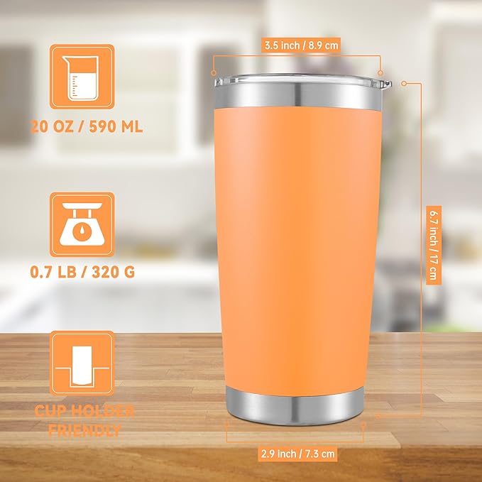 20 oz Tumblers Bulk Stainless Steel Tumbler with Lid Double Wall Vacuum Insulated Coffee Mug 20oz Powder Coated Cup for Hot and Cold Drinks, Orange, 6 pack
