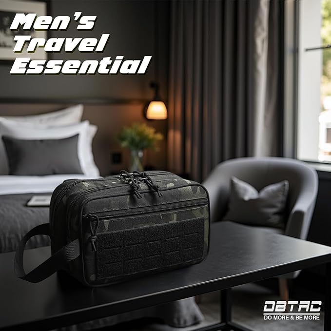 DBTAC Tactical Toiletry Bag for Men | Dry Wet Separate Hygiene Bag Compact Dopp Kit Mens Shaving Kit Travel shower Bag (Black Camo)