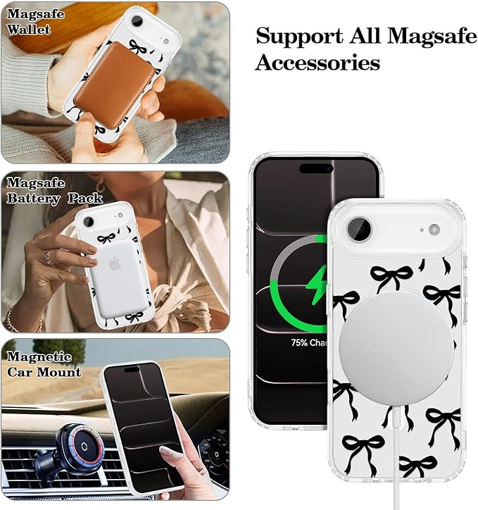 UEEBAI Magnetic for iPhone Air Case, Bow Case Compatible with MagSafe, Wireless Slim Clear Ribbon Aesthetic Phone Cover Anti-Yellowing Shockproof Protective Cover for Women Girl - Black