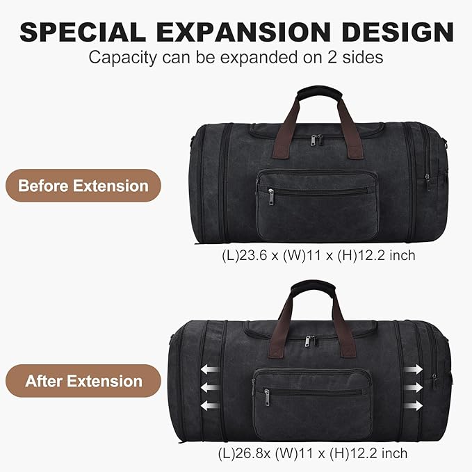Felipe Varela 60L Duffle Bag for Men, Large Canvas Expandable Duffle Bag for Travel, Mens Carry on Luggage Weekender Gym Overnight Duffel Bags for Traveling, Black